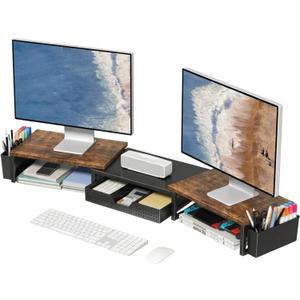 OPNICE Desk Organizers and Accessories, Dual Monitor Stand Riser with Drawer and 2 Pen Holders, Desk Shelf Wood Computer Racks for Office Workspace Organizers, Desktop Organization (Rustic Brown)