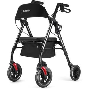 Ambliss Lightweight Folding Rollator Walker for Seniors with Seat, 10" All-Terrain Non-Pneumatic Wheels, Wide Padded Seat & Breathable Backrest, Adjustable Height 5'2"-6'7", 300 lbs Capacity Black