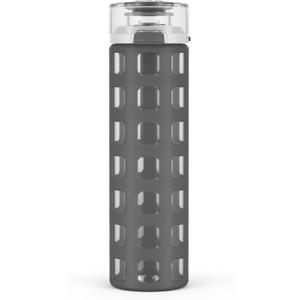 Ello Syndicate 20oz Reusable Glass Water Bottle with One-Touch Leak Proof Flip Lid and Protective Non-Slip Silicone Sleeve and Carry Loop for Coffee, Tea and Water, BPA-free Dishwasher Safe (Grey)