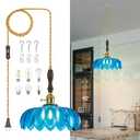 BBLLWJ Modern Blue Plug in Glass Pendant Light Retro Flower Glass Hanging Lamp Gold Brass Decorative Adjustable Ceiling Hanging Light Suitable for Kitchen Island Bedroom Dining Room Living Room
