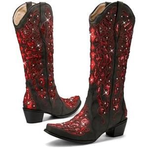 LingxiaUne Cowboy Boots for Women, Mid Calf Cowgirl Boot Rhinestone, Comfortable Chunky Heel Western Boot with Glitter, Sparkle Boot for Dressy Woman, Size 7.5