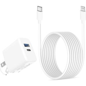 20W Dual Port Fast Charger for iPad 9th 8th 7th 6th 5th Generation 10.2 inch, iPad Air 3/2, iPad mini 5/4/3, Foldable Wall Charger with 6.6ft USB-C to Lightning Fast Charging Cable (White)