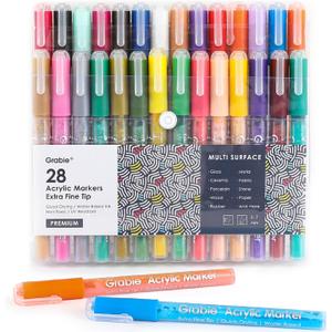 Grabie Acrylic Paint Pens Markers, 28 Colors, 0.7 mm, Extra Fine Tip Drawing Markers, Premium Paint Pens for Painting on Various Surface, Art Supplies, Set of 28