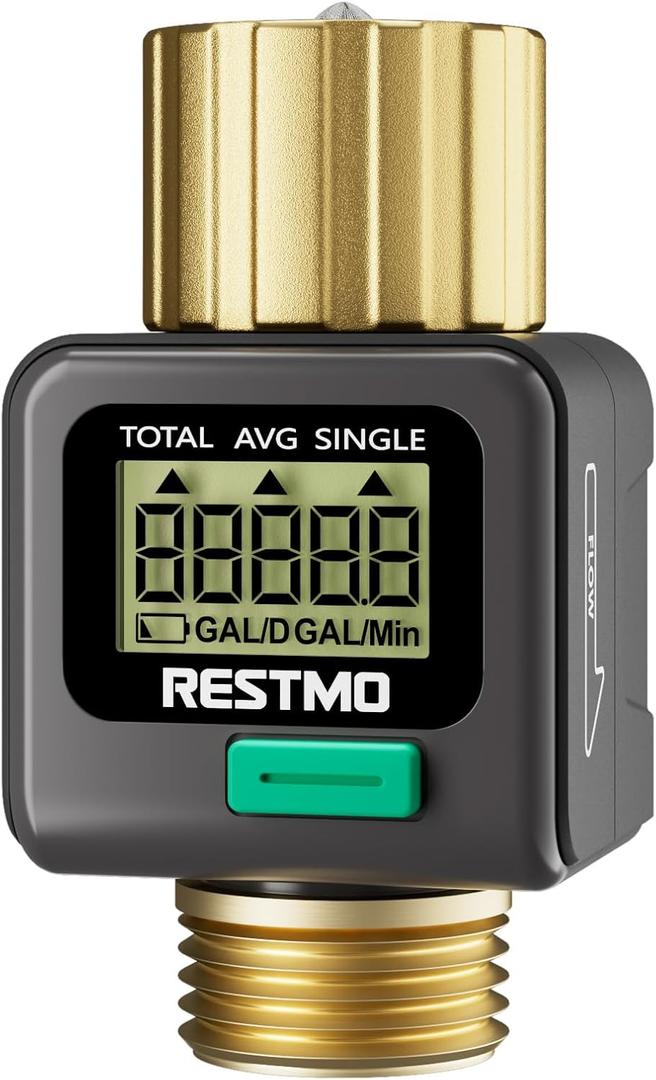 RESTMO Water Flow Meter with Brass Inlet & Outlet, Measure Gallon/Liter Consumption and Flow Rate for Outdoor Garden Hose Watering, RV Water Tank Filling, Lawn Sprinkler and Nozzle Sprayer