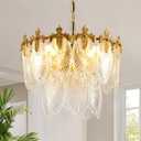 Antique Chandeliers 2-Layer Gold Crystal Glass Chandelier, 4-Light Round Pendant Light 17.7" Brushed Brass Adjustable Height, Applicable to Dining Room, Bedroom, Living Room, Foyer, Kitchen Island
