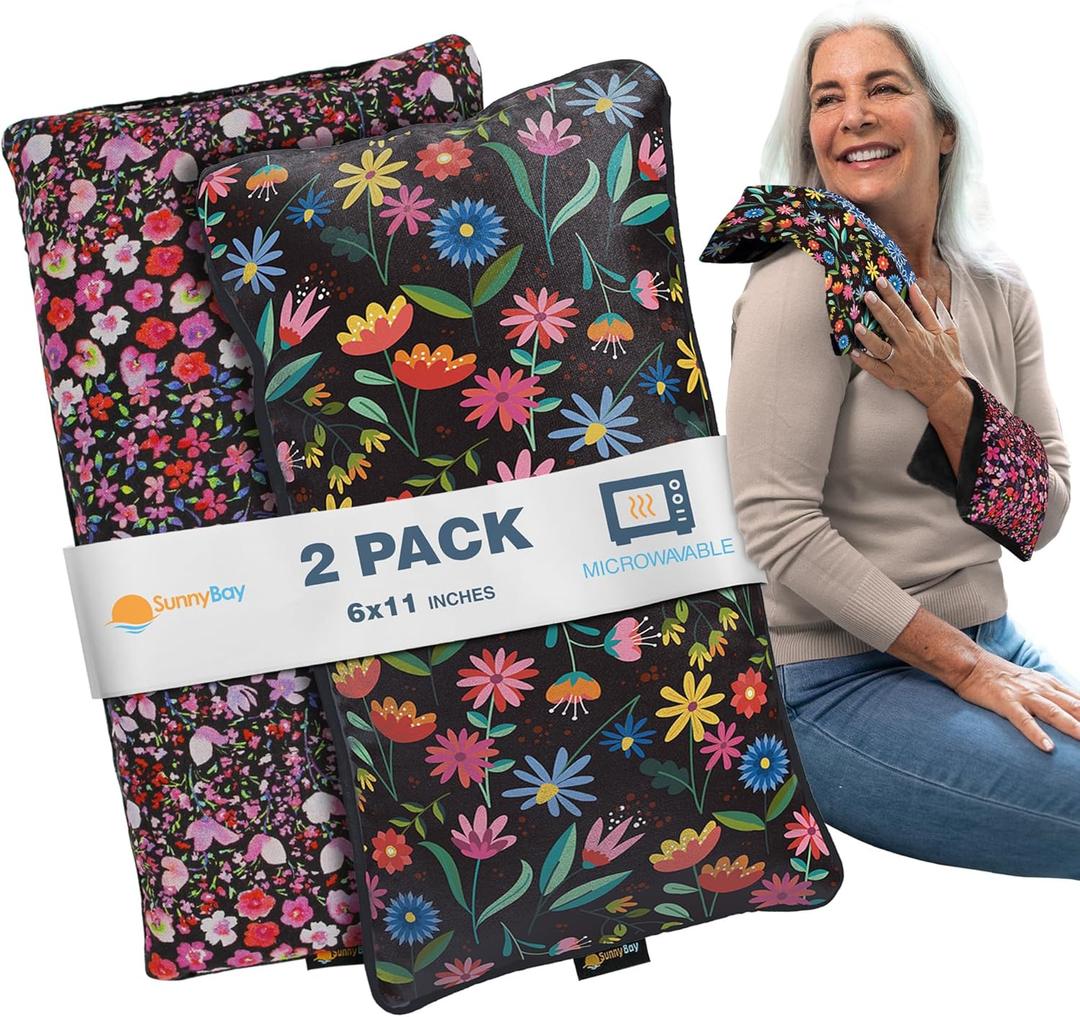 SunnyBay Small Microwave Heating Pad, Microwavable Versatile Cold/Heated Neck and Shoulder Wrap for Back Pain and More, Moist Heat Cotton-Fleece Pad, 6x11 Inches, Meadow & Melody Flowers, Pack of 2