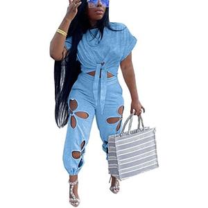 KEYUFANG Women 2 Piece Outfits Set Casual Crop Top Shirt Hollowed Out Sweatpants Women Fashion Tracksuit.2XL