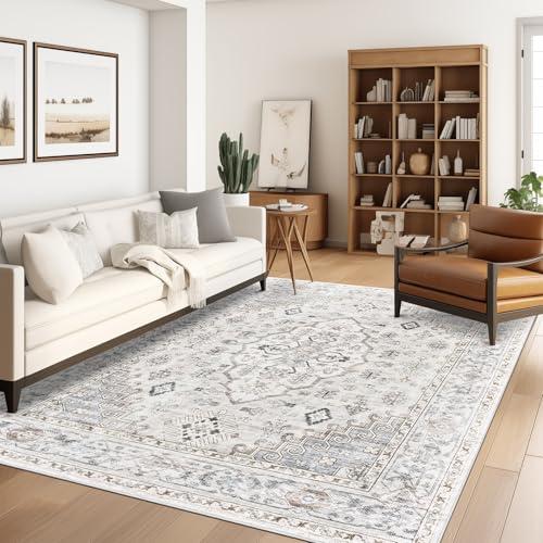 befbee 3x2 Area Rugs for Living Rooms, Stain Resistant Neutral Washable Rugs for Dining Rooms, Floral Vintage Non-Slip Thin Large Size Area Rug(Light Grey)