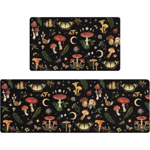 Mushroom Rug Kitchen Mats for Floor Cushioned Anti Fatigue Kitchen Rugs Sets of 2, Non Slip Waterproof Black Kitchen Floor Mat, Comfort Memory Foam Standing Mat for Office Laundry Sink Desk (46''Lx17''W+29''Lx17''W-0.4''H)