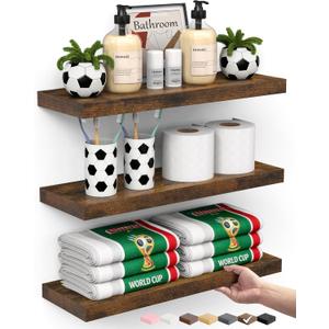 BAYKA Bathroom Floating Shelves for Wall Set of 3 - Rustic Brown Farmhouse Wood Shelves Over Toilet for Bedroom, Kitchen, or Living Room Decor Display, Storage for Plants, Toilet Paper or Bath Towels B. Rustic Brown - Americana Farmhouse