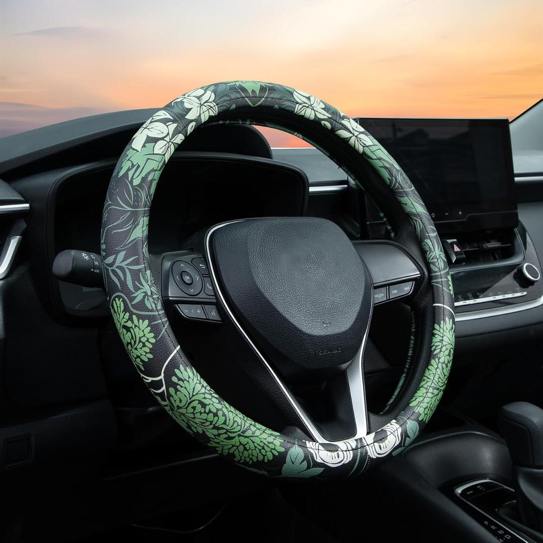 Sage Green Floral Steering Wheel Cover Auto Leather Steering Wheel Protector, Anti-Slip, Breathable, Absorbing Sweat, Universal Floral Car Accessories 14.515 inch,Fit for Most Car, Trucks, SUV