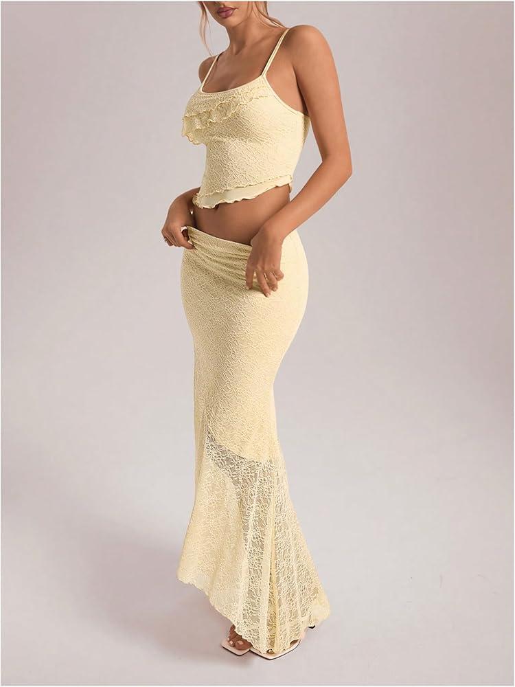 GORGLITTER Women's Two Piece Floral Lace Skirt Sets Twist Front Bandeau Top Skirt Cute Matching Outfits Going Out Coquette Apricot Large