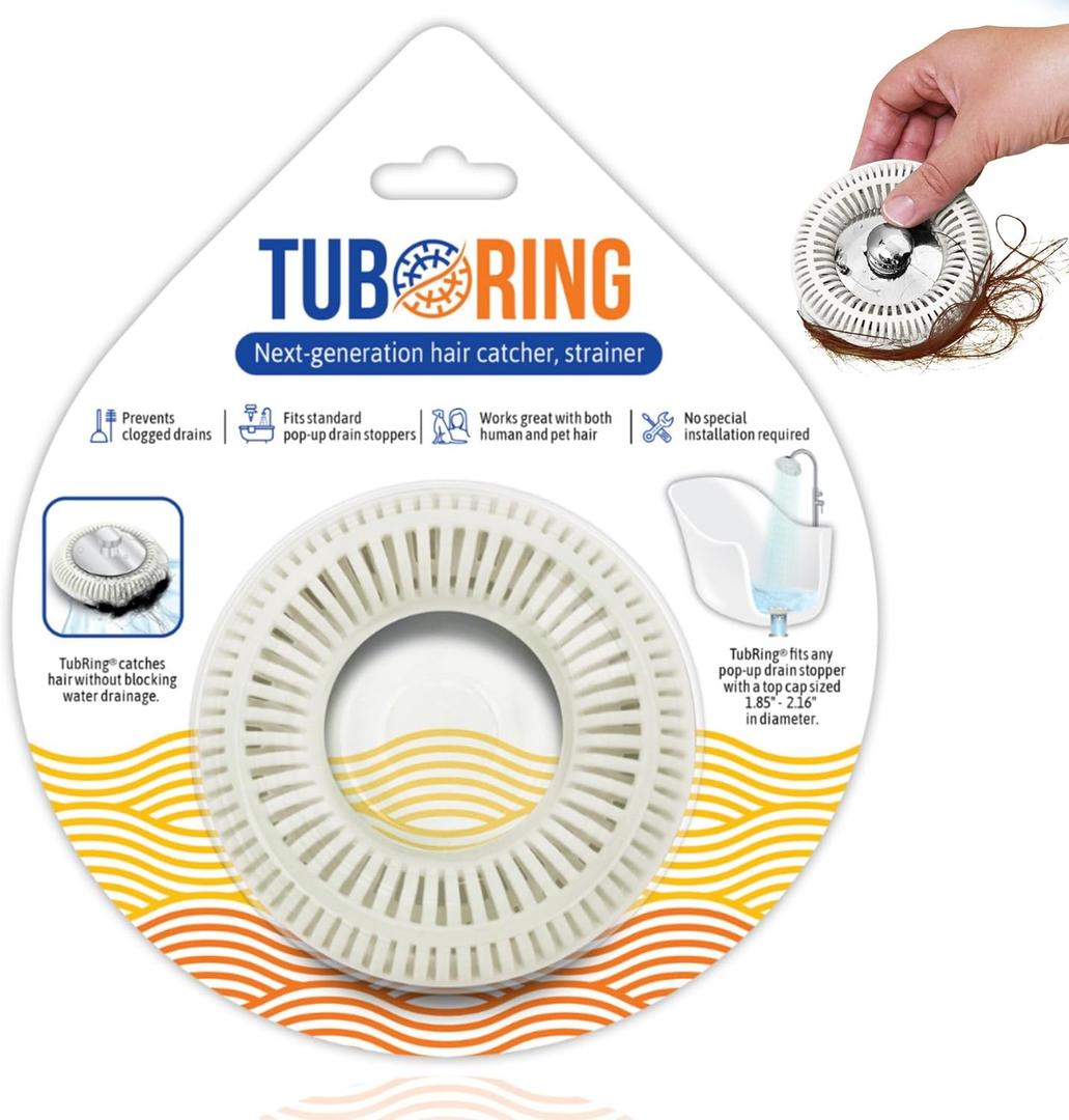 Hair Catcher for Shower Drain & Bathtub  TubRing Pop-Up Drain Protector & Strainer, Reusable Silicone Stopper for Bathroom Clog Prevention, Fits 1.85"2.16" Drains | White