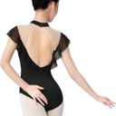 Phoeswan Ballet Leotards for Women, Women Dance Leotard Mesh with Flutter Sleeves, Turtleneck Adult Leotard for Dance