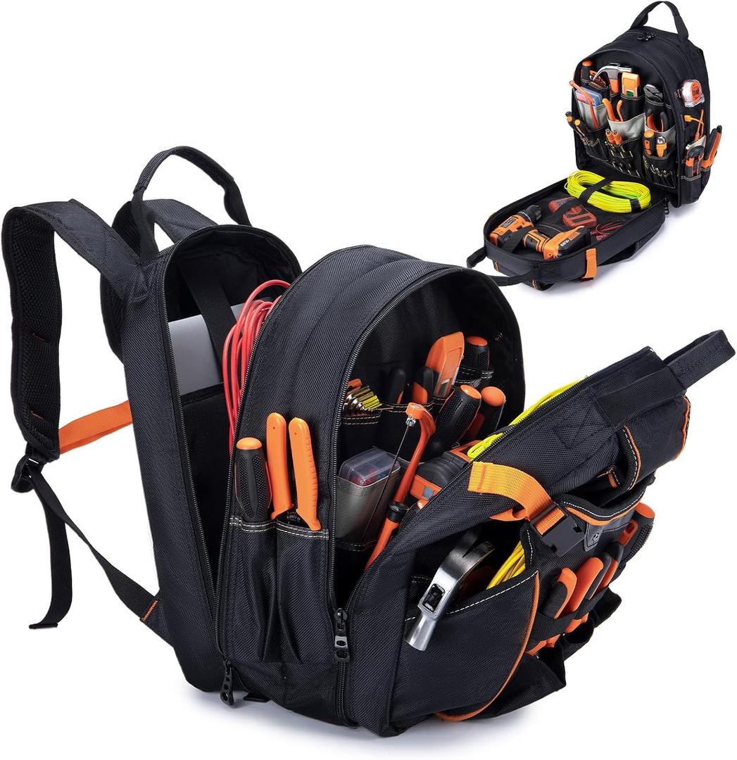 Tool Bag Backpack for Men Tool Backpack Heavy Duty with Laptop Compartment Waterproof Electrician Backpacks With USB Port for Repairman Industrial & Construction Work Storage Organization Black