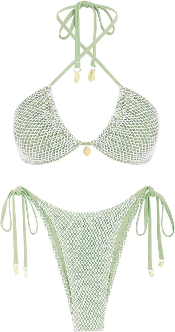 seamoly Women's Bikini Sets Halter Fishnet Shell Decorated Two Piece Swimsuit Sexy Side Tie Thong Bandeau Bathing Suits (L)