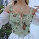 CONCINEROS Women's Summer Vintage Floral Renaissance Corset Top for Women Y2k Tops Sleeveless Drawstring Crop Top (Green, L)