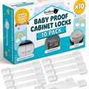 Booboo Baby 10 Pack Cabinet Locks Baby Proofing - Child Proof Cabinet Locks for Drawers, Fridge, Toilet Seats - Adjustable Cupboard Lock for Children with 3M Adhesive - Easy to Install No Tools Needed