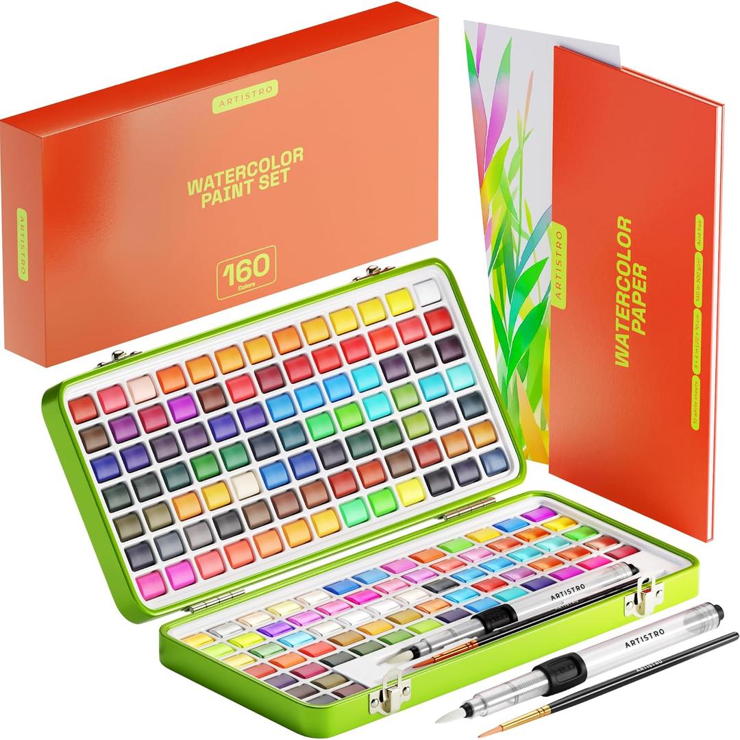 ARTISTRO Watercolor Paint Set 160 Colors - Vivid, Metallic & Neon, Portable Travel Set for Kids & Adults