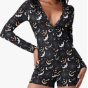Miqil Women Short Onesie Pajamas Halloween Christmas Print Sexy Bodycon Long Sleeve V Neck One Piece Sleeper Romper Jumpsuits (Small, Grey Witch Bat)