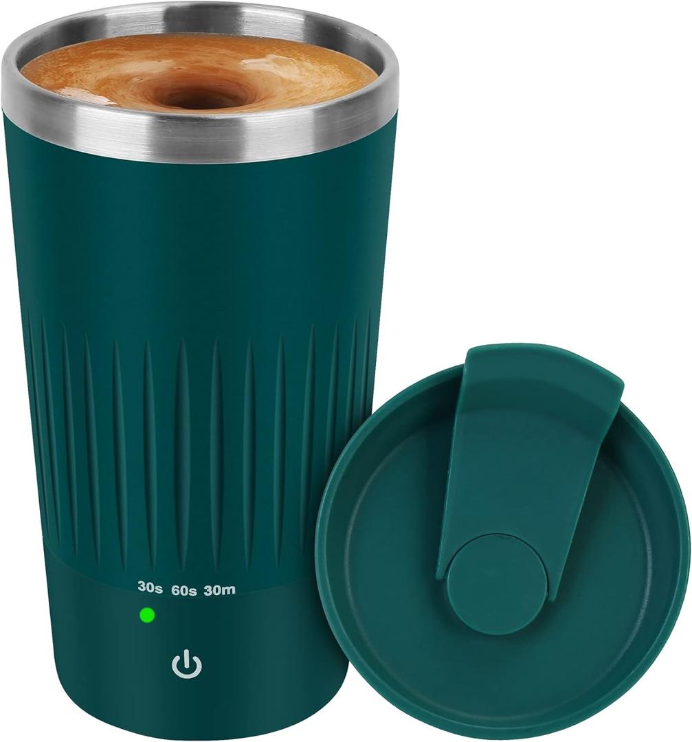 Self Stirring Coffee Mug - Rechargeable Stainless Steel Auto Self Mixing Cup with Lid, 400ml/13.5oz Coffee Travel Mugs To Stir Coffee, Mixed Milk, Tea for Women Men Office Car Use (Dark Green)
