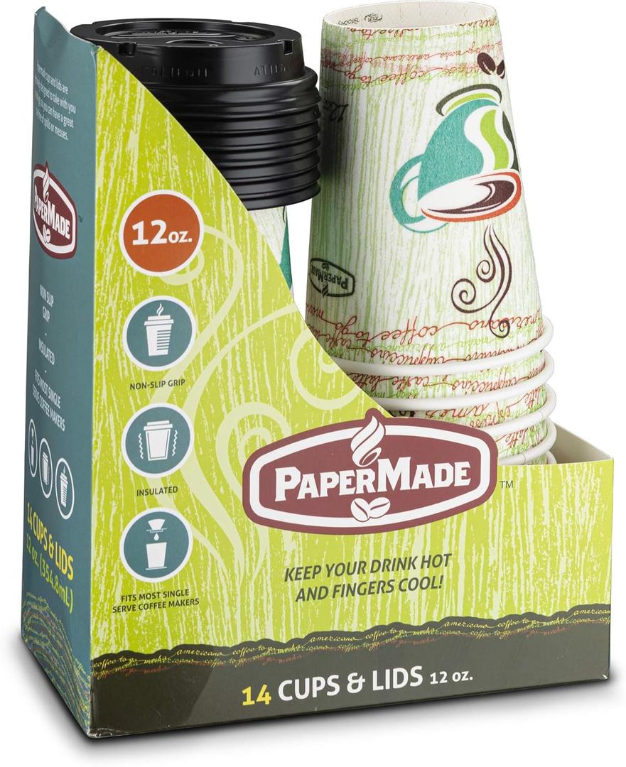PaperMade Disposable Insulated 12 Oz, 14 Count To Go Designed Hot Cups With Black Dome Lids, For Drinking Coffee, Tea, Or Any Hot Beverage, Throw Away, Travel, Spill Free