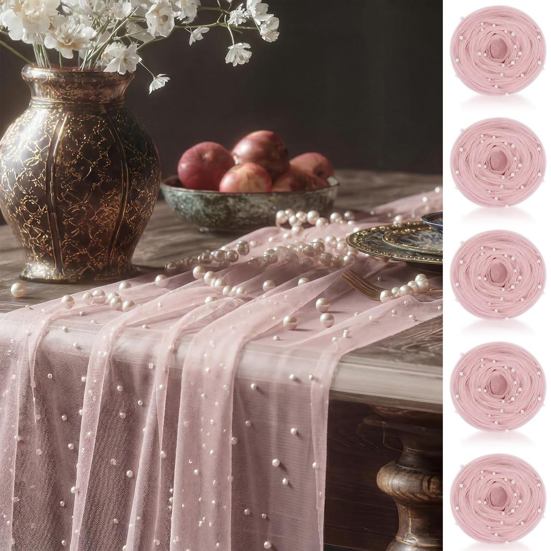 CrystalSylara Light Pink 10 Pcs Pearl Gauze Table Runner 120 Inch 10ft Pearl Sheer Tulle Table Cloth Centerpieces for Home Wedding Birthday Bridal Baby Shower Party Favor Holiday Dining Decorations