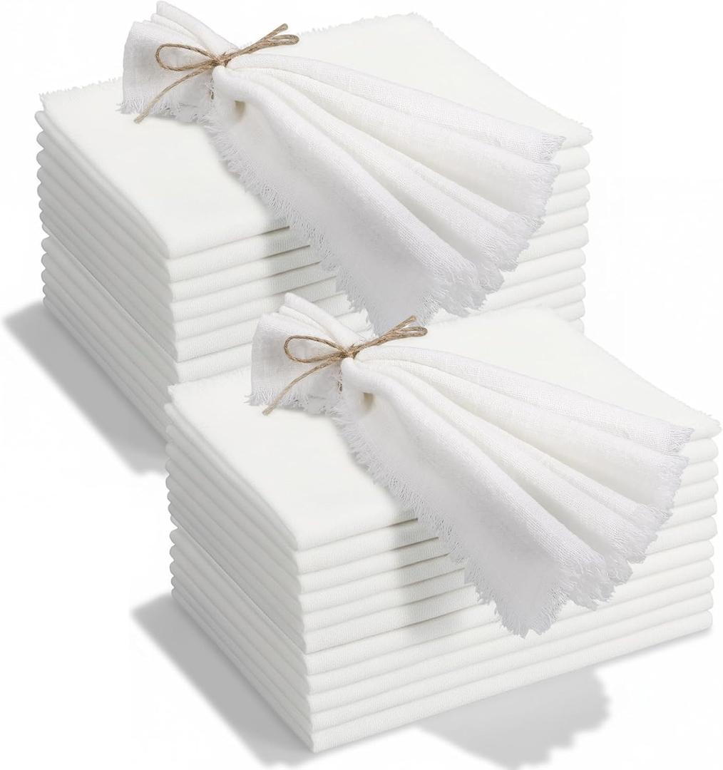 24 Pcs Fringe Napkins Bulk Cloth Cotton Soft 17 x 17 Inch Rustic Reusable Washable Festive Square Table Napkins with Fringe for Parties Wedding Restaurant Table Accessory(White)