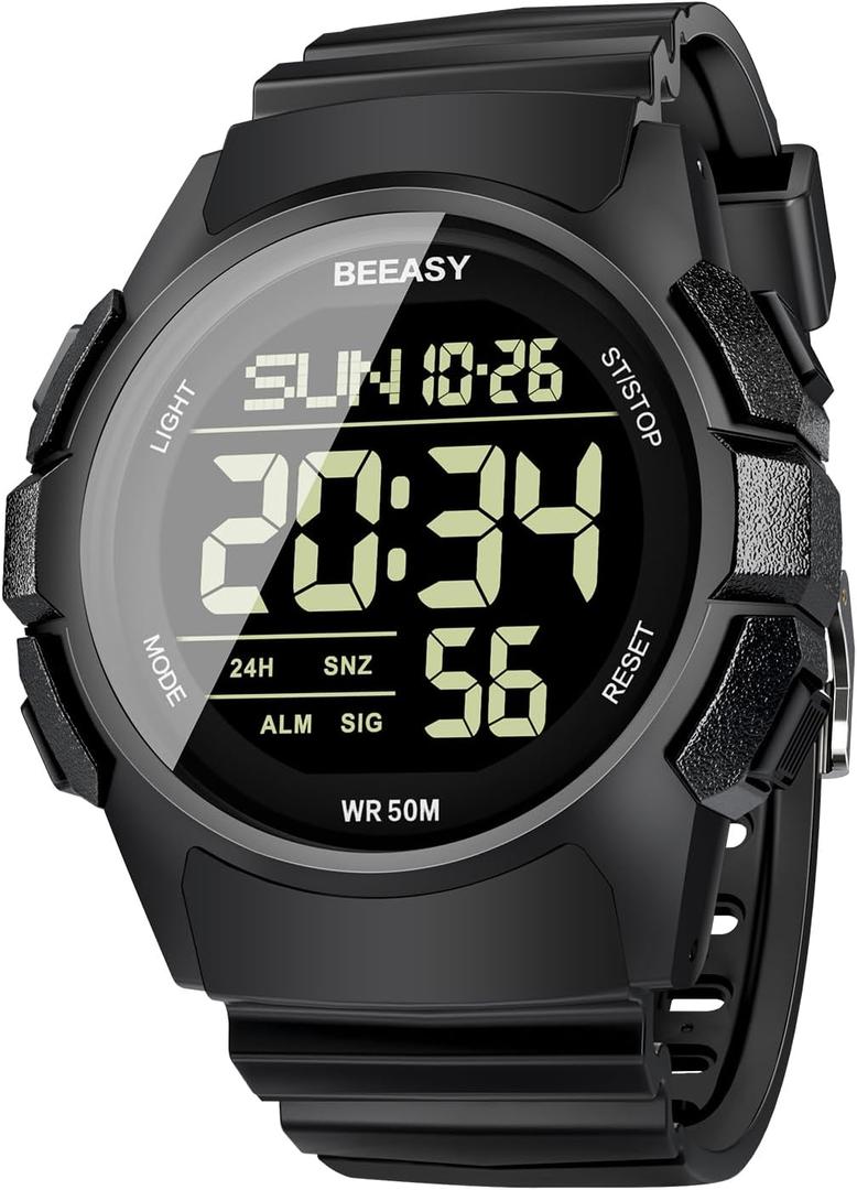 Beeasy Mens Digital Sports Watch, 50M Waterproof 49mm Rubber Strap Mens Watches with Stopwatch, Countdown Timer, Alarm & Dual TimeIdeal for Sport, Gym, Running, Referee, School & Daily Wear (Black Dial)