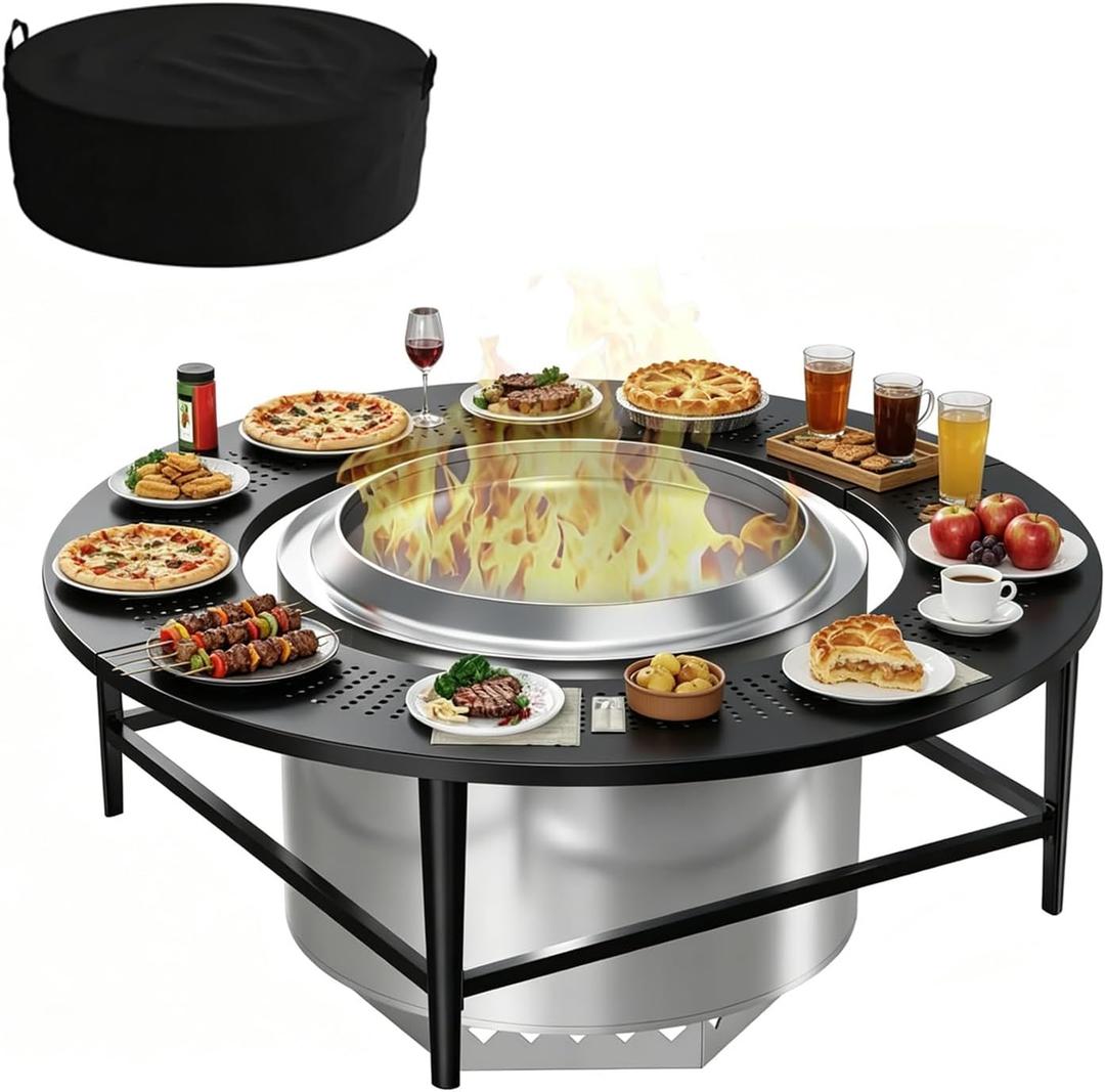 LS'BABQ 45" Fire Pit Surround Tabletop with Waterproof Cover for Solo Stove Yukon & Bonfire, Round Outdoor Fire Pit Table for Most Wood-Burning Stoves Under 28.5" Dia for Camping, Powder-Coated Steel