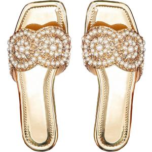 GORGLITTER Women's Gold Sparkly Flat Sandals Dressy Summer Rhinestone Boho Cute Wedding Square Open Toe Slides Shoes 2026, 43