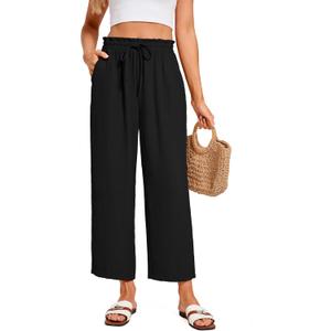 Women Summer Cropped Palazzo Pants Casual Wide Leg Flowy Ankle Pants Elastic Waist Beach Work Trousers with Pockets (Large, Black)