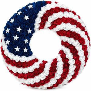 1 Pcs 18 Inch Patriotic Wreath for Front Door 4th of July Wreath Red White Blue Rose Front Door Decor Independence Memorial Artificial Rose Wreaths for 250th Anniversary Porch Wall Indoor Outdoor