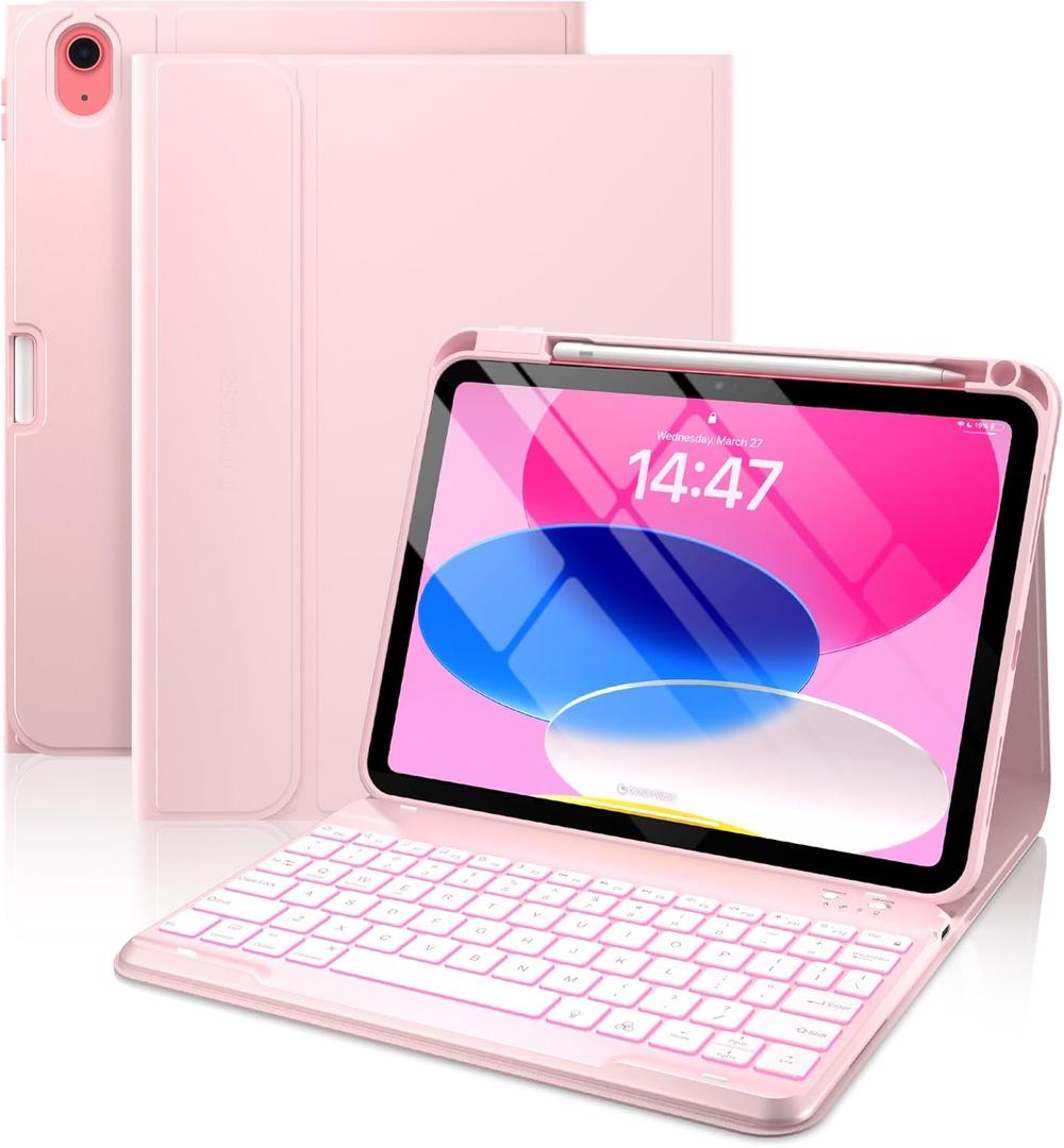 Typecase Folio iPad 11th/10th Gen Keyboard Case (11" A16 2025 & 10.9" 2022) Magnetic Wireless Detachable Keyboard, 7-Color Backlight, Thin & Light, Pencil Holder Light Pink