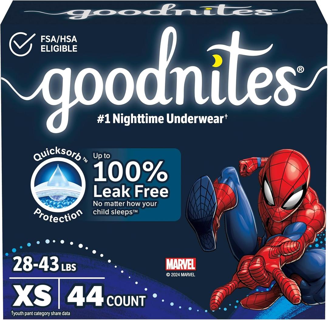 Goodnites Boys' Nighttime Bedwetting Underwear, Size Extra Small (28-43 lbs), 44 Ct (2 Packs of 22), Packaging May Vary (X-Small)