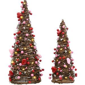 CRCZK Valentines Day Rattan Table Tree Decor with Lights Valentines Day Decorations 2Pack Lighted Tree with Red Heart&Berries Pink Table Centerpieces Valentine's Day Decorations Indoor Party Gifts