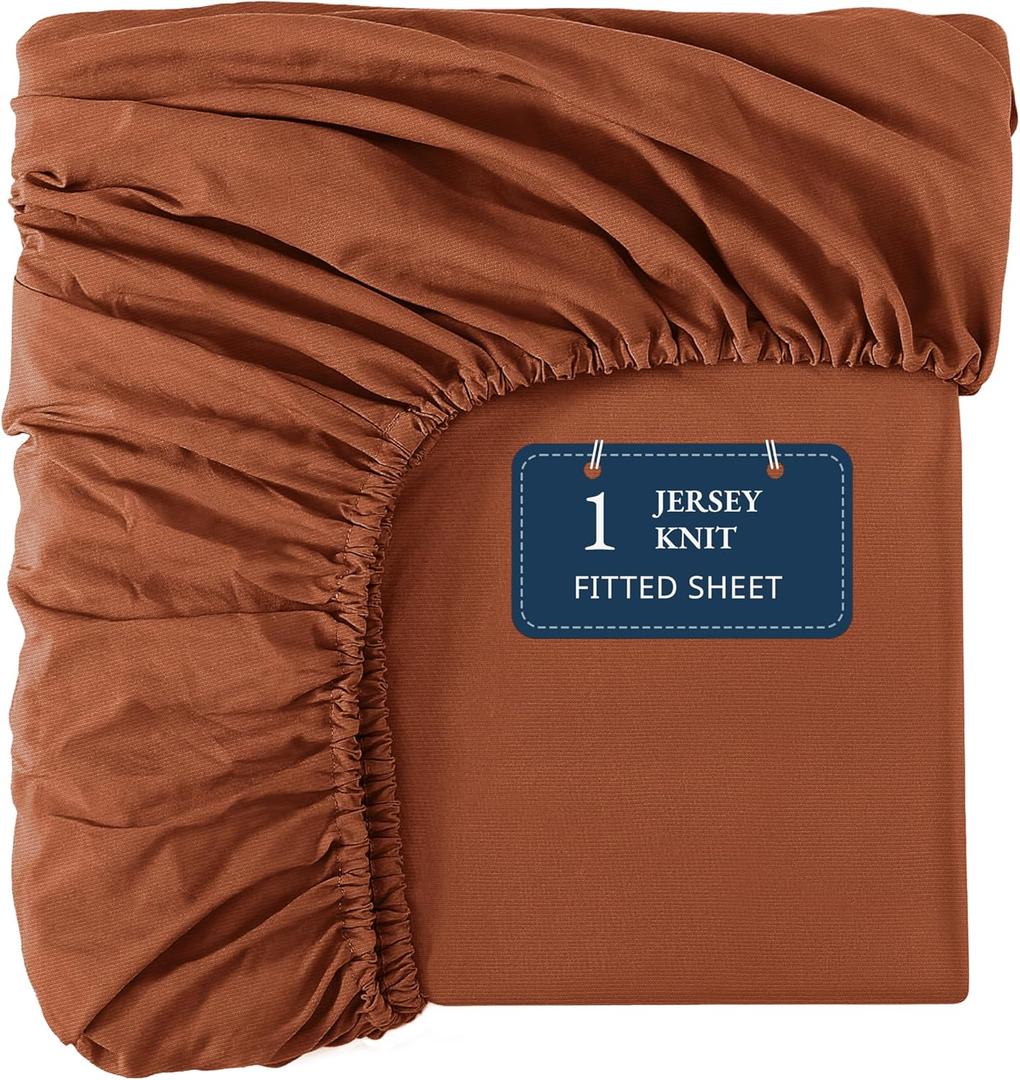 Jersey Fitted Sheet Twin - Superior Elasticity All Around Edges - Snug Fit Deep Pocket, Securely Fits Mattresses Upto 15" - Moisture Wicking & Breathable - Relaxed Everyday Comfort Bottom Sheet - Rust
