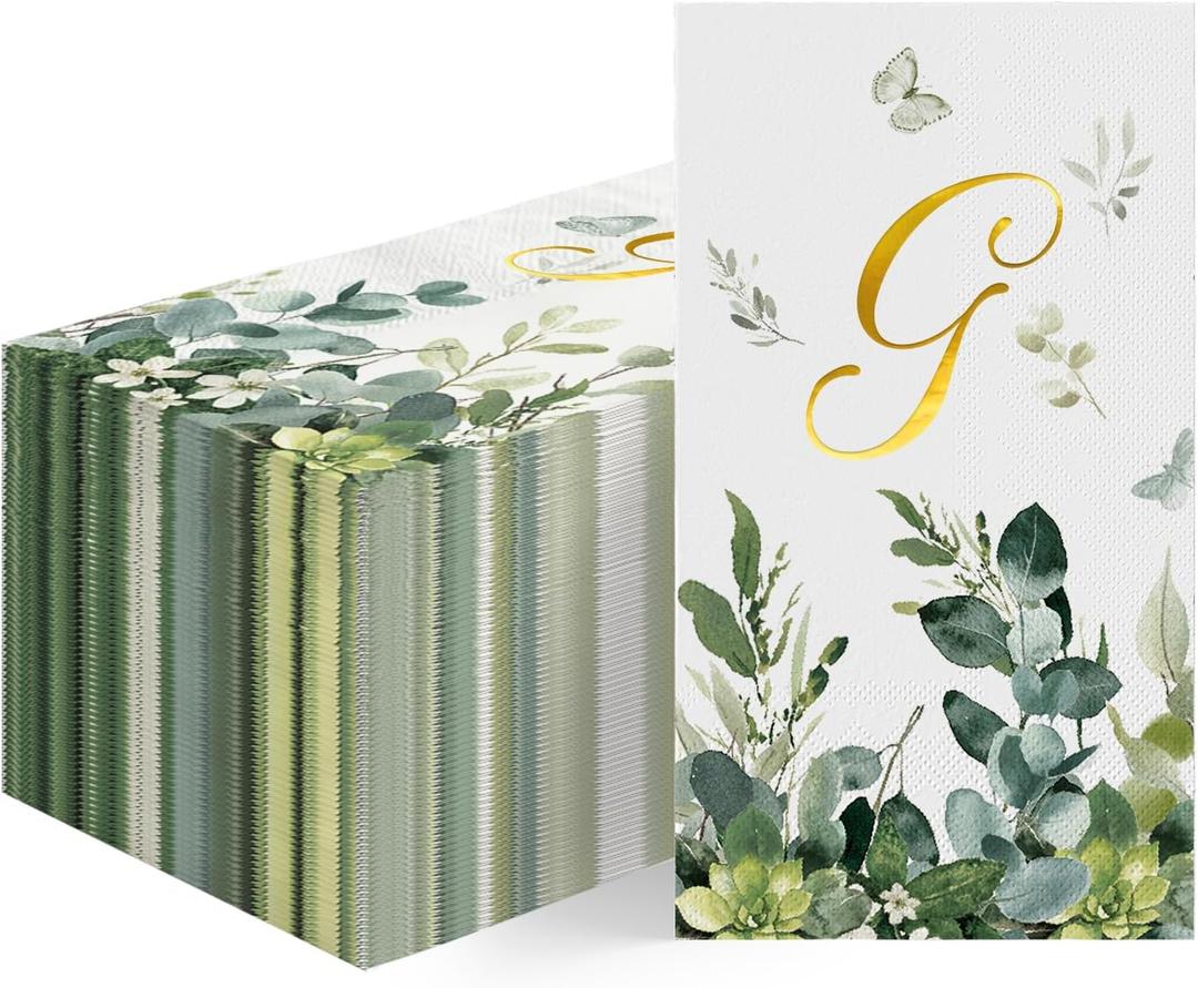 Horaldaily 100 Spring Disposable Paper Decorative Guest Napkins, Watercolor Eucalyptus Monogram Gold Foil Letter G for Party Lunch Dinner Kitchen Bathroom