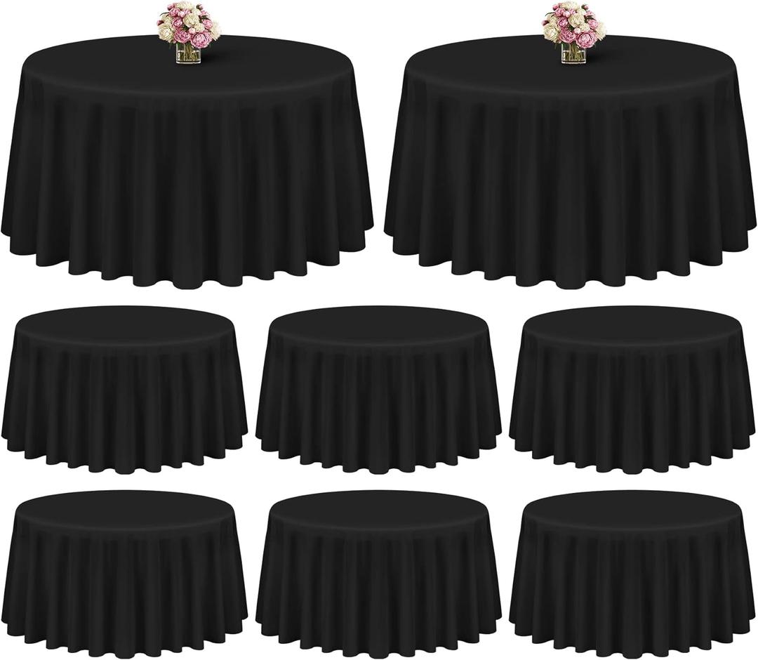 Showgeous 8 Pack Black Round Tablecloth 120 Inch Polyester Table Cloth for Tables - Washable Decorative Fabric Covers for Wedding, Dining, Party, Banquet, Buffet