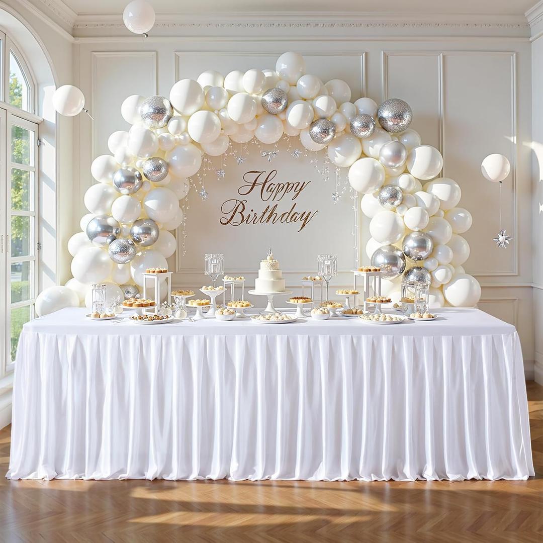 White Satin Glitter Tablecloth for Rectangle Tables 6ft,Wrinkle Resistant Ruffles Shimmer Party Table Skirt,Washable 6FT Rectangle Table Cloth Skirt For Birthday,Baby Show,Party,Wedding,Banquet