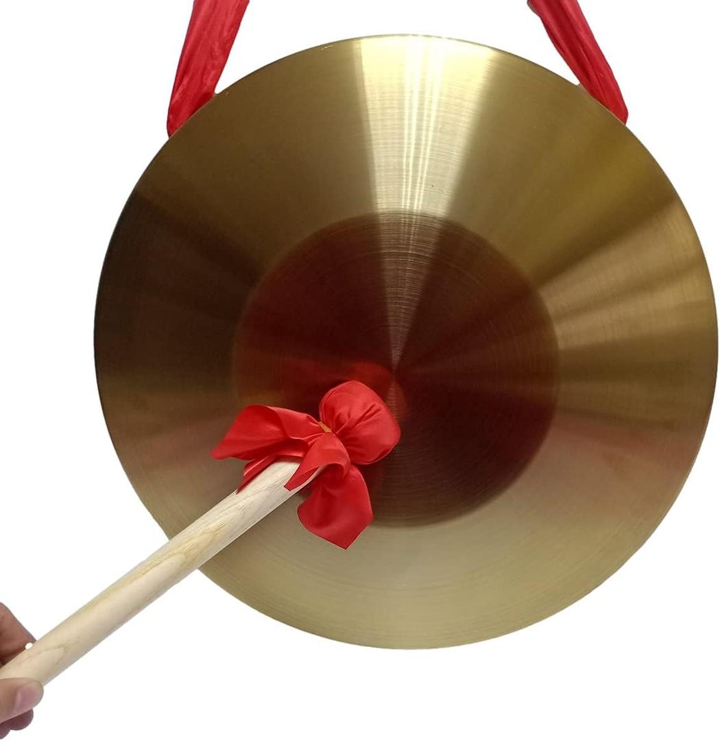 RUIMIMI Gong Instrument with 16.4 inch(42cm),Chinese Traditional Percussion Instrument Brass Gong with Wooden Mallet and Red Hanging Ribbon for Home Office Celebration