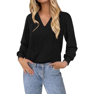 Dowerme Womens Tops 2026 Spring V Neck T-Shirts Long Sleeve Shirts Lace Crochet Work Blouses Dressy Casual Loose Tunics (Black, S)