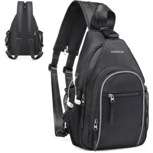 Crossbody Sling Bag with Water Bottle Holder, 8.3" Convertible Small Backpack Anti Theft Daypack, Chest Fanny Pack for Men Women, Black