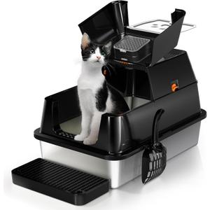 Stainless Steel Cat Litter Box with Lid, 180 Flip-Top XL Extra Large Enclosed Litter Box, Covered Metal High Sided Litter Pan with Steps & Scoop, Easy Cleaning, Odor Control,Non-Sticky-Black