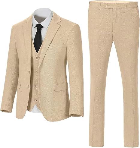 Retro 3 Piece Suit Tweed Herringbone Men's Suits Slim Fit Groom Tuxedos Set Prom Brown Grey Jacket Blazer Vest Pants, Size: XL