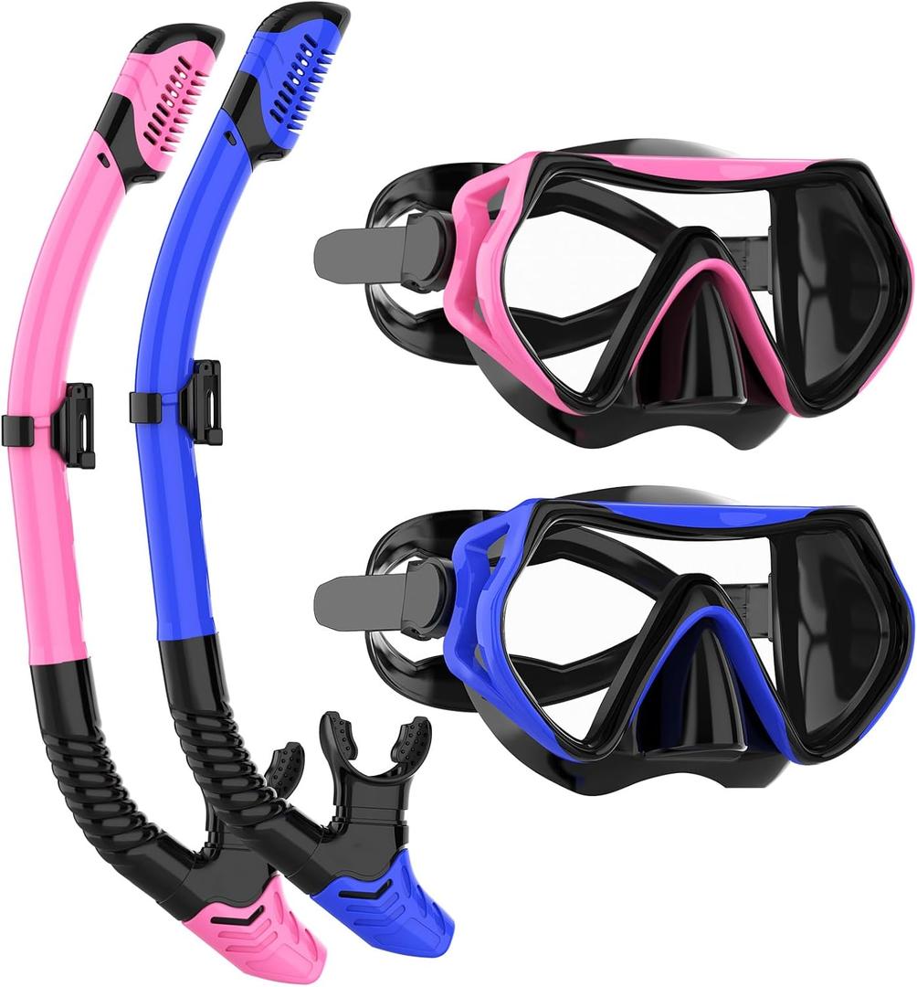 Snorkeling Gear for Adults, JRing Snorkel Mask Set with 180 Degree Tempered Glass Anti Fog Goggles Scuba Dry Top Snorkel for Swimming, Scuba Diving Mask for Men Women (Blue+Pink (2 Pack))