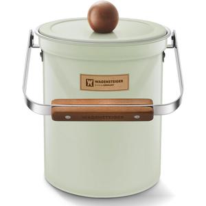 WAGENSTEIGER Kitchen Countertop Compost Bin 101Ounces / 3Liter with Airtight Lid, SUS304 Stainless Steel Odor-Free Food Waste Bin with Wooden Handle Stylish Design/Bathroom Trash Can (Mint Green)