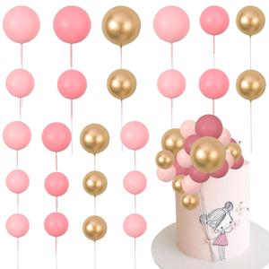 Gyufise 30Pcs Pink Gold Ball Cake Toppers Mini Balloon Cupcake Toppers DIY Foam Ball Cake Insert Decoration for Wedding Anniversary Birthday Party Supplies Decorations