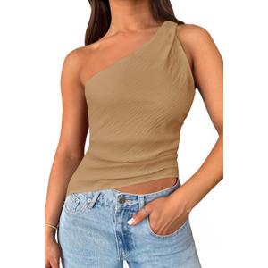 Cicy Bell Womens One Shoulder Tank Tops Summer Going Out Tops Ruched Asymmetrical Sleeveless Shirts Brown (L)