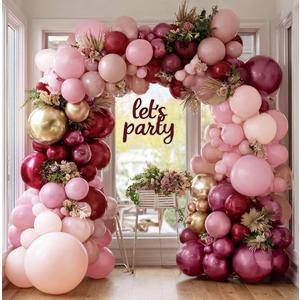 Burgundy Pink Balloon Garland Double Stuffed Pastel Light Pink Gold Mauve Balloons Maroon Lavender Latex Plum Balloon Arch Kit for Birthday Graduation Wedding Baby Shower Party Decorations